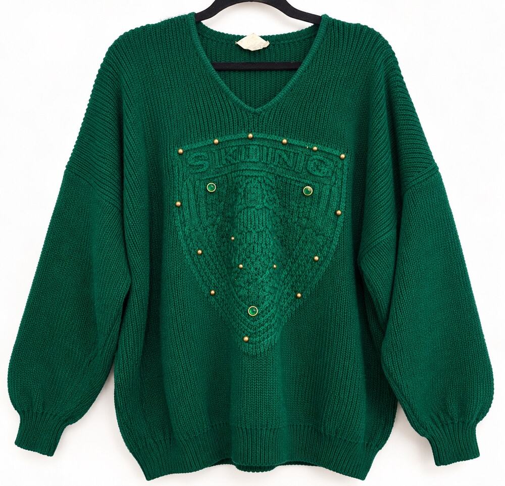 Vintage Emerald Green SKIING Sweater Jeweled Studded Oversized V Neck OS USA